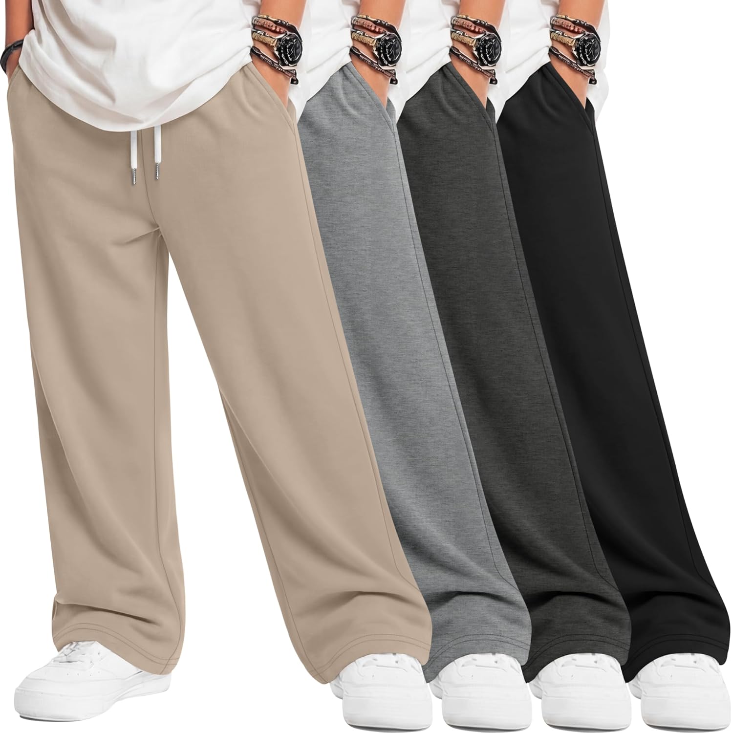 4 Pack Boys Baggy Sweatpant Lightweight Straight Leg Drawstring Jogger Youth Open Bottom Sweat Pant with Pocket
