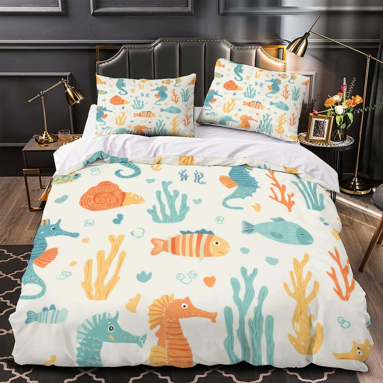 Housse de Couette Tortues Marines pour Chambre d'Ado Lit Océan Monochrome