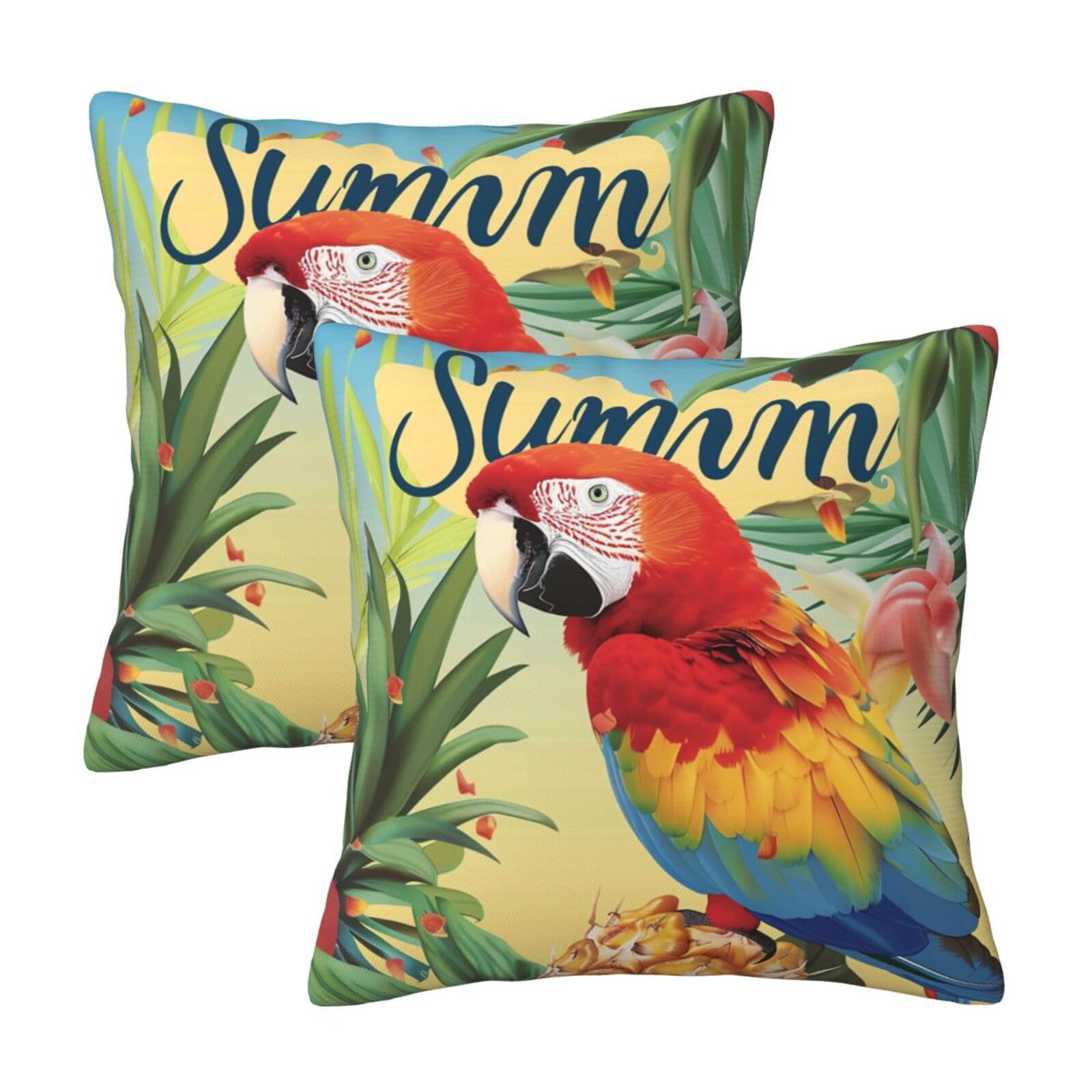 Summer Parrot Pineapple Bird Throw Pillow Cases 2 Pack Square Pillowcases Soft Pillow Protectors for Couch Livingroom Sofa Bed Office Car,30x30 CM