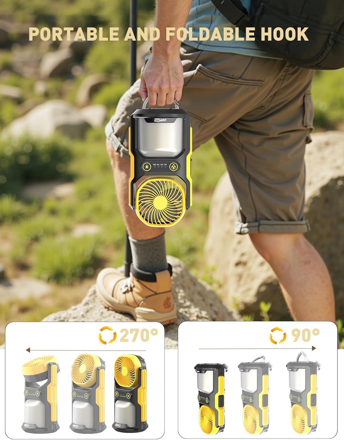 COPPA Camping Fan LED Lantern, LF-01 Portable Camping Fan with Light USB Rechargeable 3 Powerful Speed 4 Light Mode Cordless Tent Fan Lights with Foldable Hook for Hiking Fishing Travel