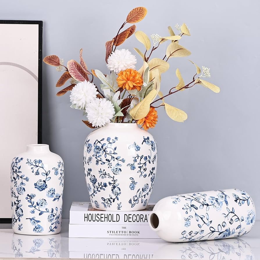 Amazon.co.jp: 青と白の花瓶ヴィンテージセラミック花瓶、シノワズリー