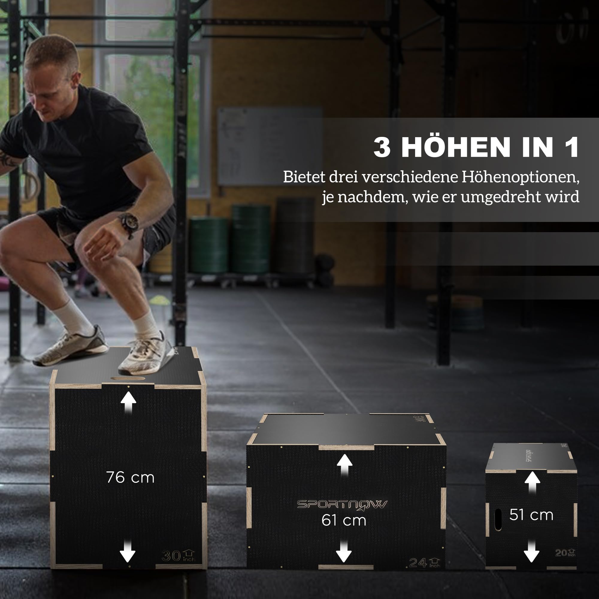 SPORTNOW 3 in 1 Plyo Box Sprungbox aus Holz Schwarz | Plyometric Plattform mit Griff, Plyometrisches Training, Sprungtrainer für Zuhause, Fitnessstudio