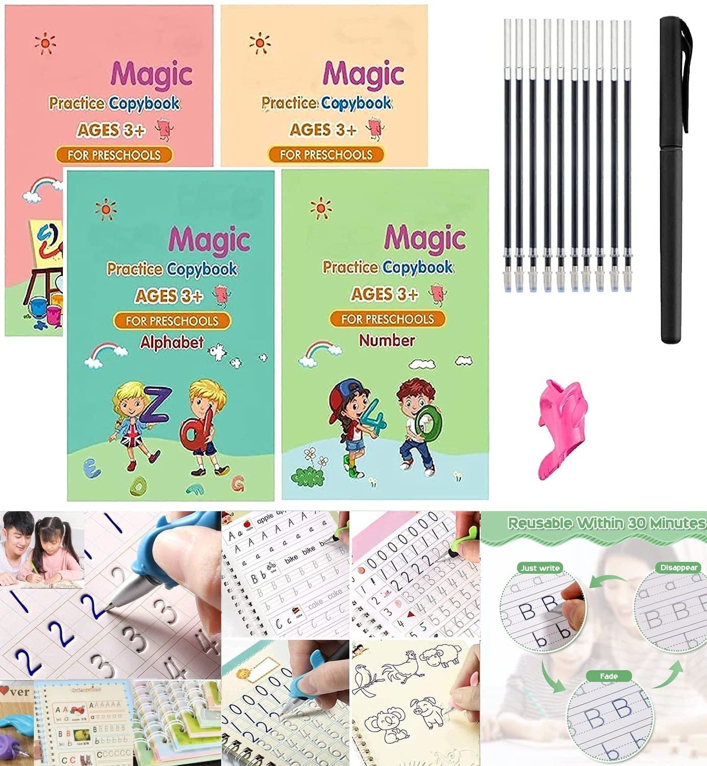 SUPER TOYSank Magic Practice Copy Book for Kids - Pack of 4 Book + 10 Refill+ 1 Pen + 1 Grip