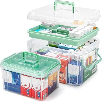 2 Pack Clear Medicine Organizer Storage Box with Handle & Tray - Thickened Plastic Empty First Aid Box, Multipurpose Medical Container with Lids/Labels, Medication Caddy for Home, Baby, Elderly, Dorm