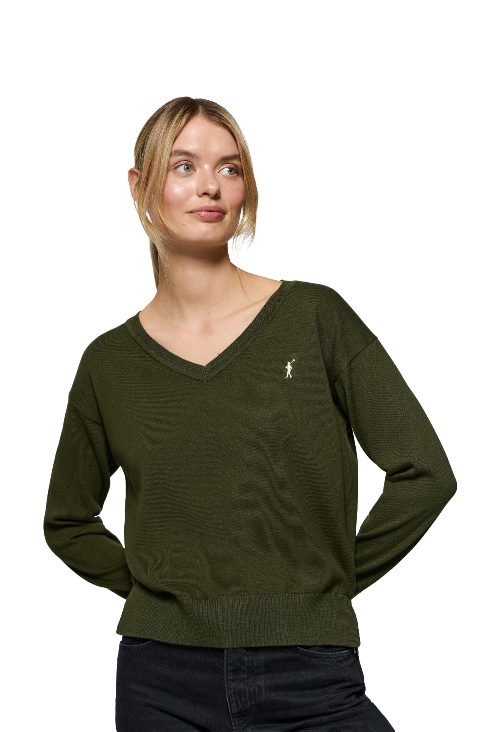 Polo Club Maglione in Maglia con Scollo a V e Logo Ricamato da Donna