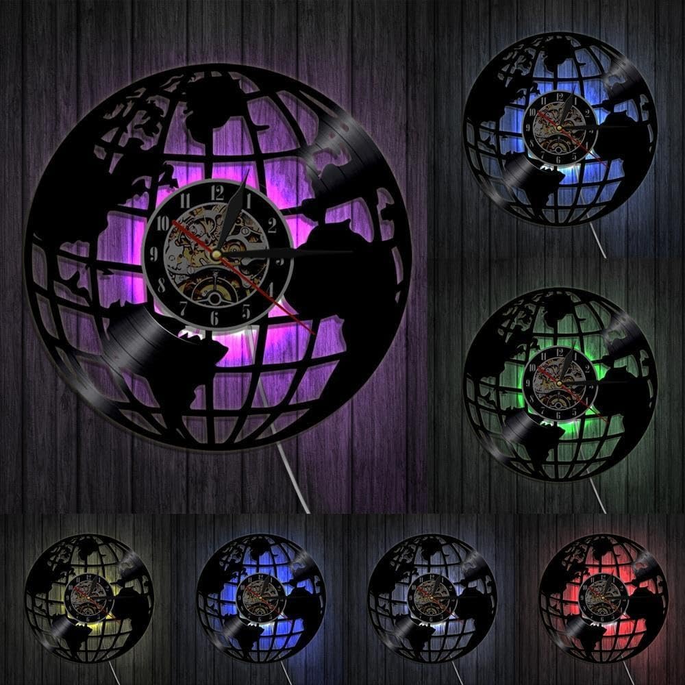 3D Earth Wall Clock Globe Map Home Decor Vinyl Record Wall Clock World Map Interior Modern Clock Housewarming Gift with LED, Black