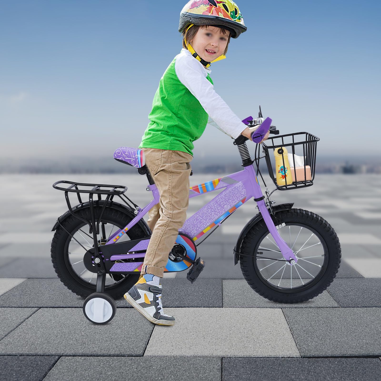 Bicicleta infantil de 14 pulgadas con asiento trasero, cesta ajustable y ruedas estabilizadoras, adecuada para niños y niñas de 3 a 6 años y una estatura de 95 a 115 cm, color morado