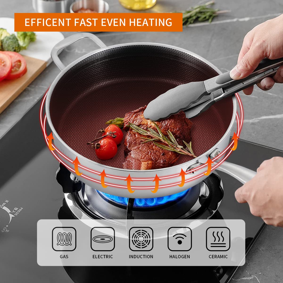DELARLO Tri-Ply Stainless Steel 12 Inch Deep Frying Pan 6 QT Saute Pan Nonstick, Induction Compatible Chef Cooking Pan, Sauté Pan with lid, Dishwasher & Oven Safe
