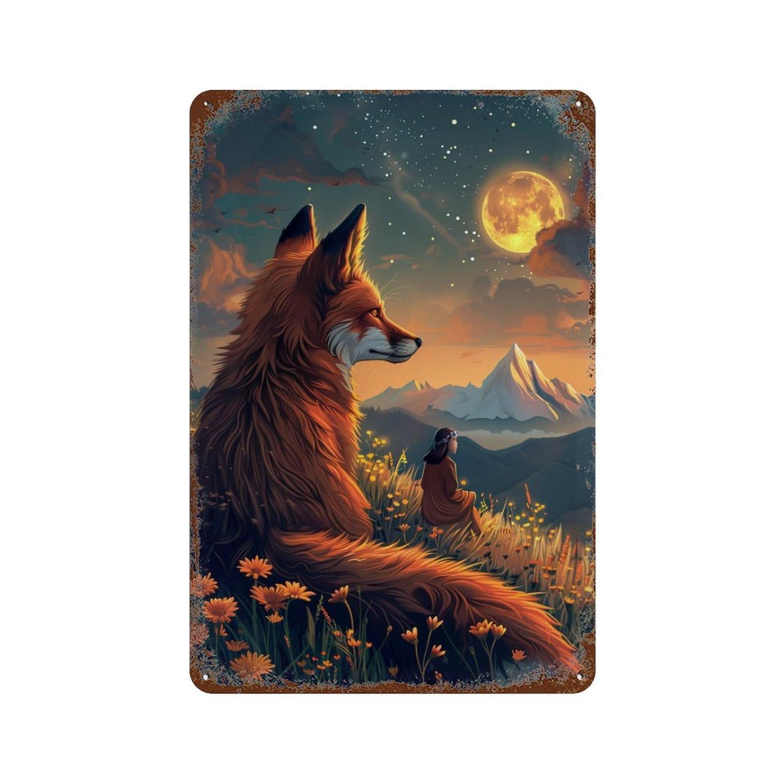 Magical Night with Fox Rustic Tin Plaque 11.8"x7.9", for Shed, Workshop And Garage Wall Decor, Farmhouse Wall Decor