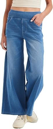 Stretch Wide Leg Jeans for Women High Waist Pull On Jeans Denim Pants Loose Jeggings