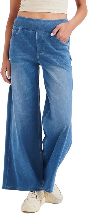 Stretch Wide Leg Jeans for Women High Waist Pull On Jeans Denim Pants Loose Jeggings