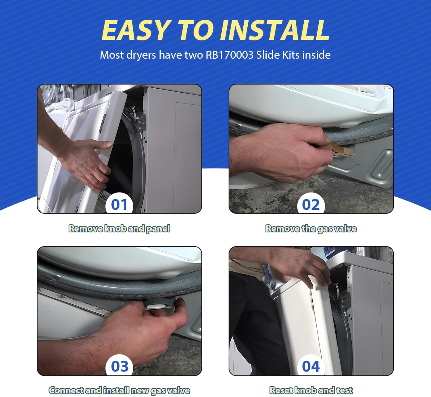 Four-panel image illustrating the installation steps: 1. Removing the front panel. 2. Removing the old glide kit. 3. Pasting the sponge and installing the new pad. 4. Resetting the panel and testing.