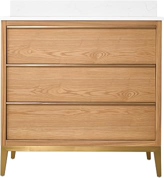 WELLFOR 36" Bathroom Vanity with Sink, Freestanding Wooden Bathroom Makeup Cabinet W/ 3 Soft-Close Drawers and Backsplash, Solid Wood Frame Bathroom VanityLight Oak