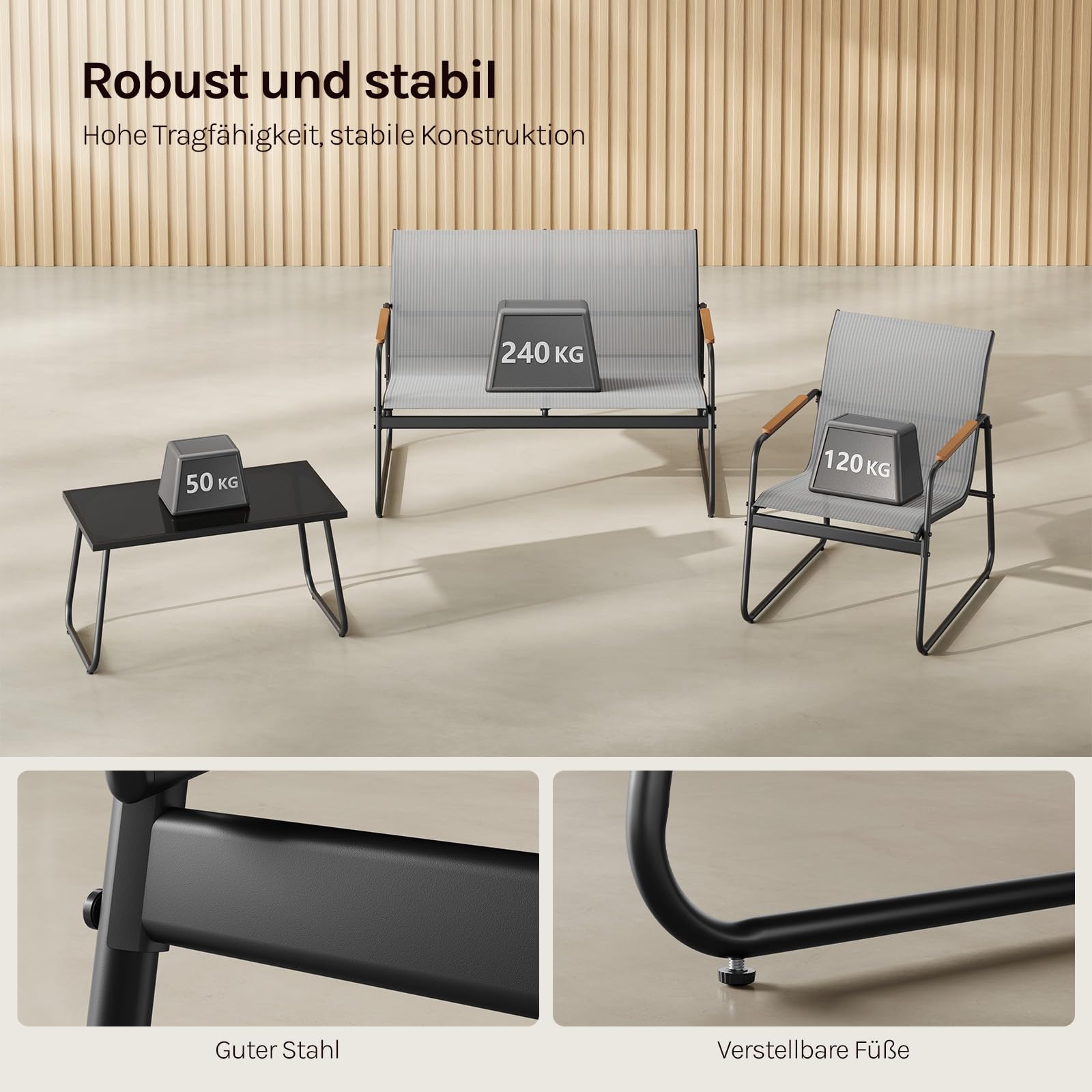WOLTU Gartenmöbel Set 4-teilig1 Tisch & 1 Zweisitzer-Sofa & 2 Sessel mit Rückenlehne und Armlehnen Ergonomisches Design UV-beständig Balkonmöbel für Terrasse und Balkon, Grau