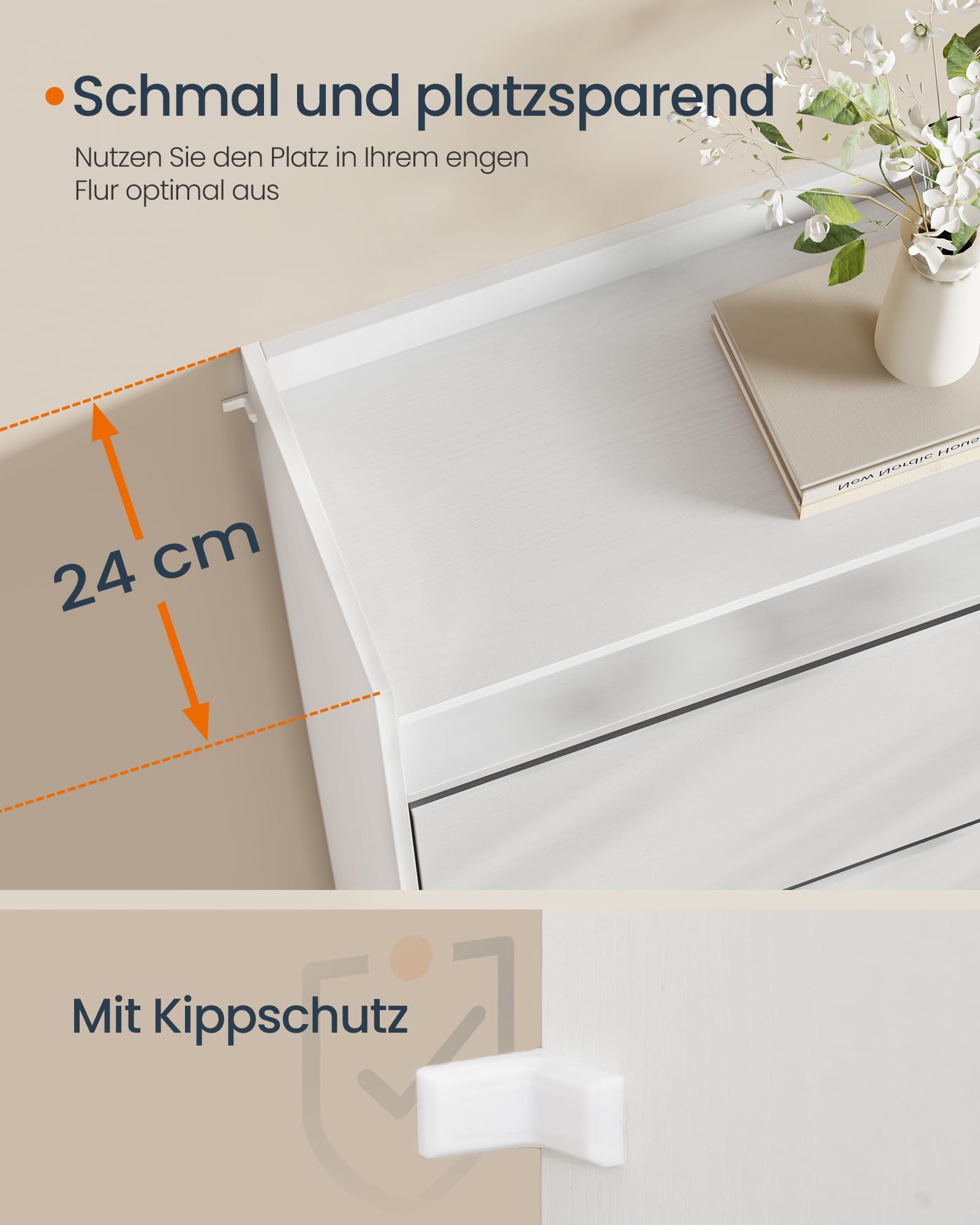 SONGMICS HOME Schuhschrank 2 Klappen, Snapsemble – superschnelle Montage， Schuhkipper schmal, Schuhaufbewahrung, Trennwand verstellbar, modern, für Flur, schneeweiß LBC228WE01