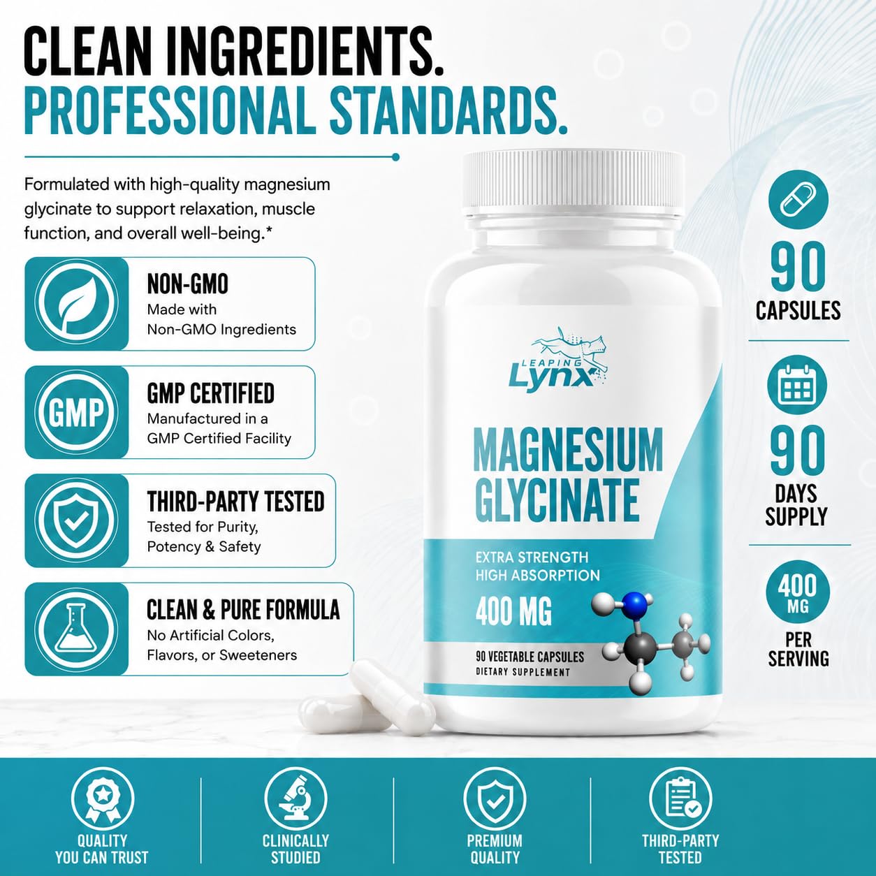 Magnesium Glycinate 400mg – Chelated Magnesium Bisglycinate Supplement for Sleep, Relaxation, Muscle, Nerve & Heart Health Support – High Absorption, Non-GMO, 90 Capsules, 90-Day Supply — Amazon image 4