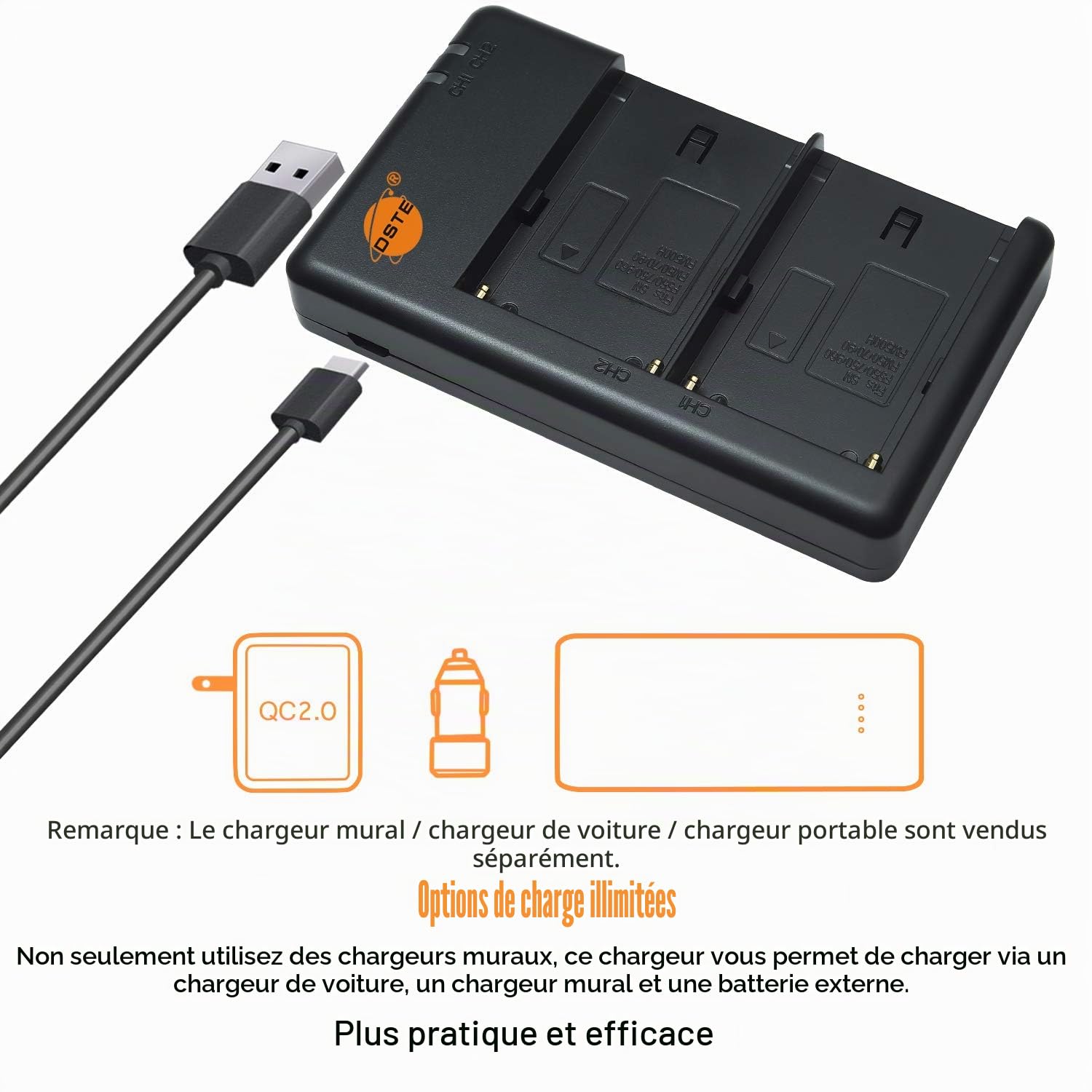 NP-FM70/QM71D/NP-QM71 Lot de 2 batteries de rechange rechargeables et chargeur double compatible avec Sony NP-F550, F750, F970, FM55H, FM500H, HVL-IRM, HVL-ML20M, HVR-A1U, npf, etc.