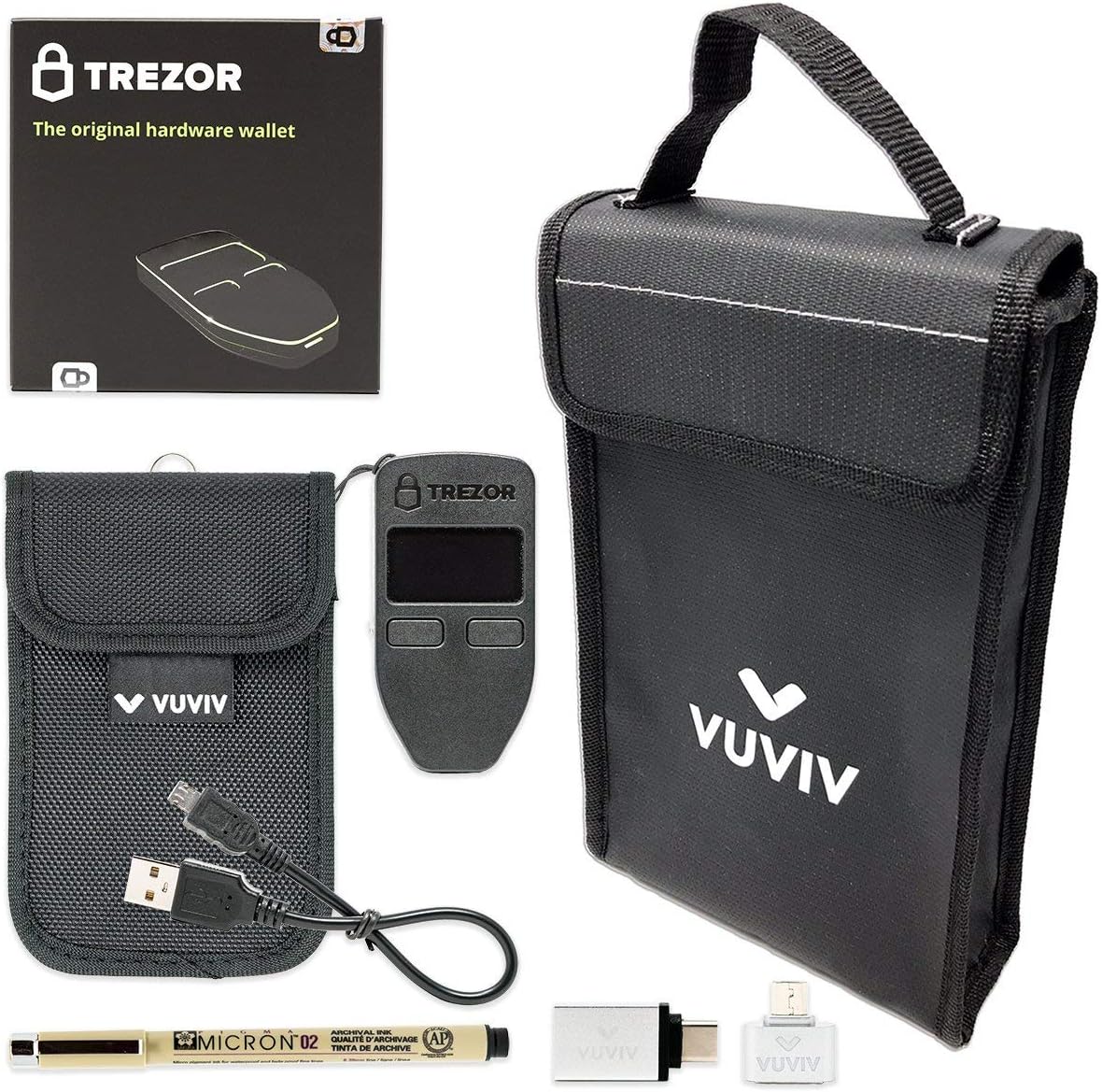 Trezor One - Black Bitcoin Hardware Wallet Bundle with VUVIV Micro-USB Adapter & USB-C Adapter for MacBook. RFID Pouch, Fireproof Bag & Sakura Pigma Archival Ink Pen for Recovery Seed Sheet