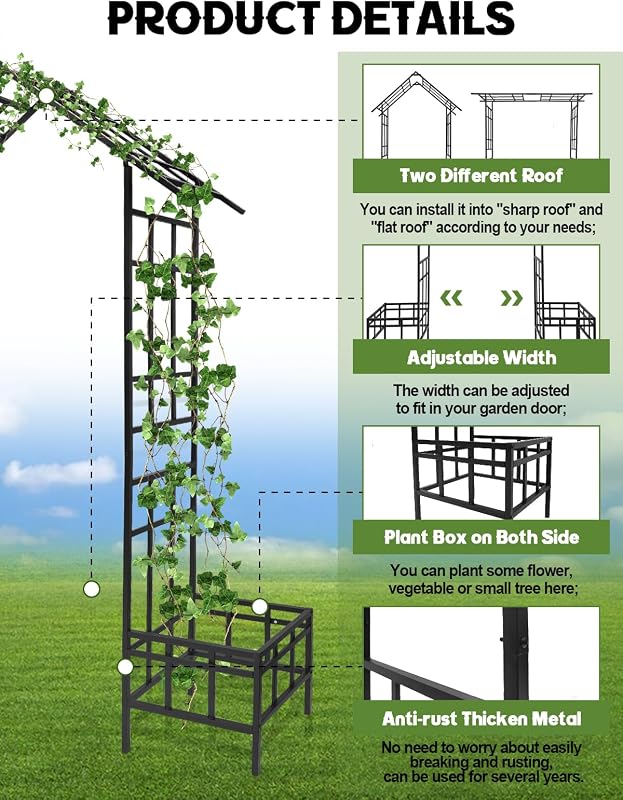 Kalolary 2.5m Kerti Pergola Virágládákkal, Állítható Fém Kletterrács Futó Növényekhez