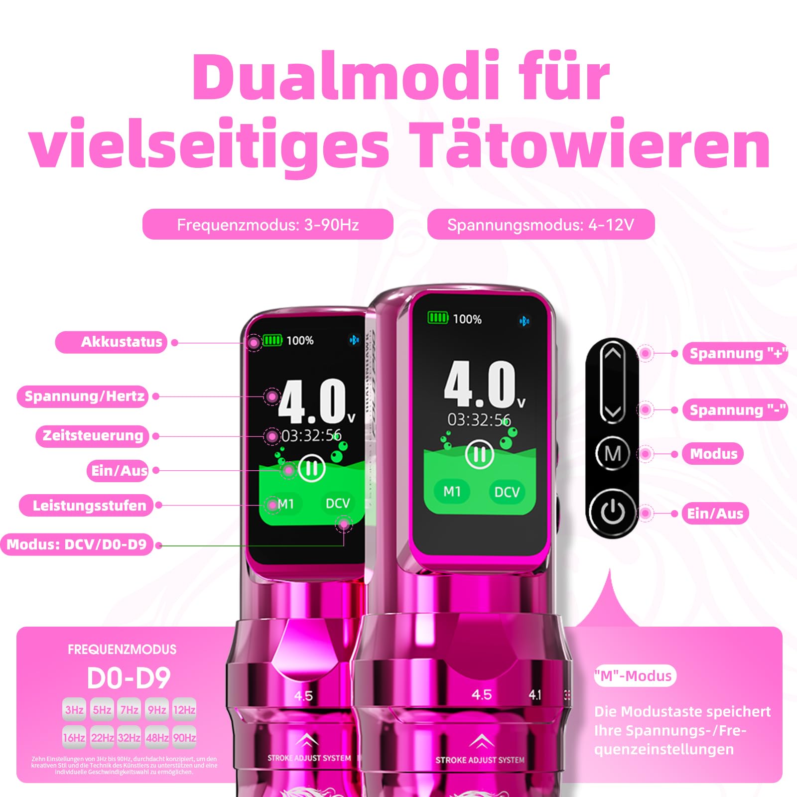 Dragonhawk Fold Pro Kabellose Tätowiermaschine, 2,5–4,5 mm Hublänge, Year of The Horse Edition, mit 2 Akkus Für Professionelle Tätowierer Rosa