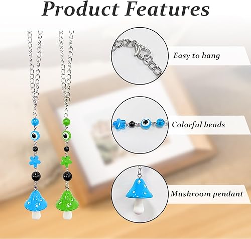 Miniatura 9 de Augeny Adorno colgante de hongo para automóvil, accesorios de espejo retrovisor de ojo malvado de la suerte, lindo colgante de espejo retrovisor de