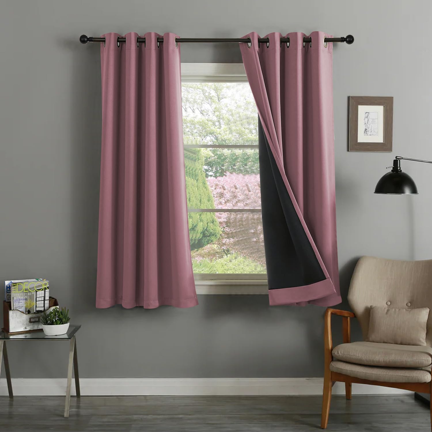 ThinkArtDecor Solid 100% Blackout Window Curtains 5 Feet Long Set of 2 with Tie Backs, Triple Weave Curtains 5 Feet for Window with Grommet for Home Decor, Bedroom Darkening (5x4 Feet, Mauve)