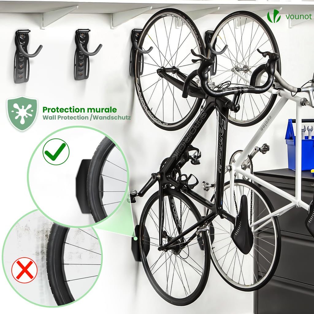 VOUNOT® Soportes de Pared para Bicicletas, Gancho para Colgar Bicicleta, Soporta Hasta 30kg Cada Uno, Portabicicletas de Almacenamiento Vertical para Casa Garaje, Sótano con 4 Almohadillas Protectores — view 2