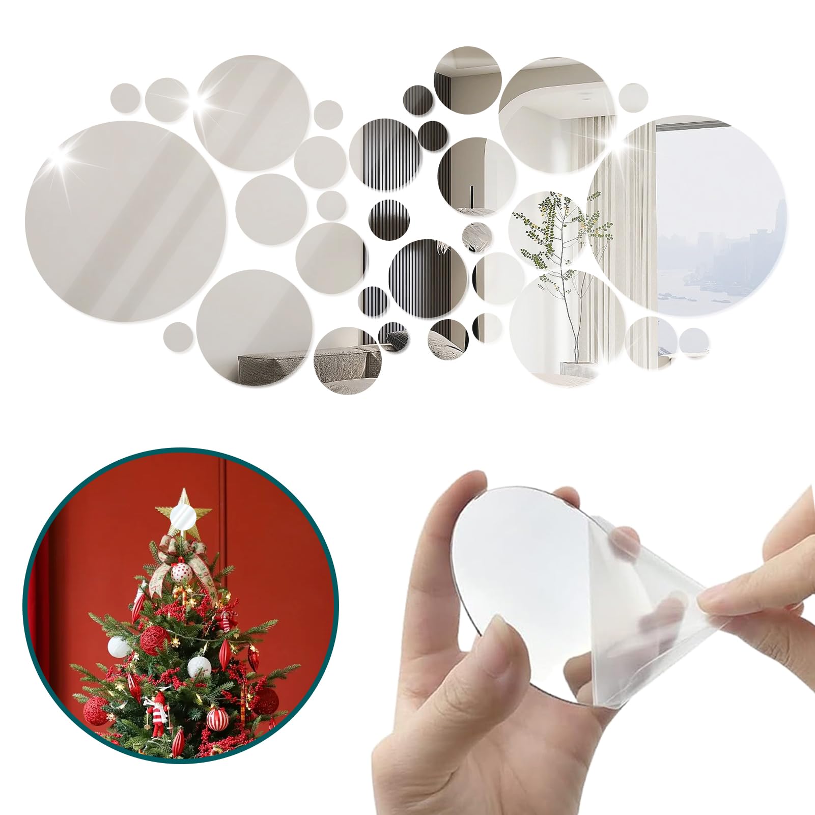 32 sztuki naklejki ścienne na lustro, okrągłe naklejki na lustra 3D, akrylowa naklejka ścienna, zdejmowe DIY samoprzylepna dekoracja do łazienki, salonu, sypialni - srebrny
