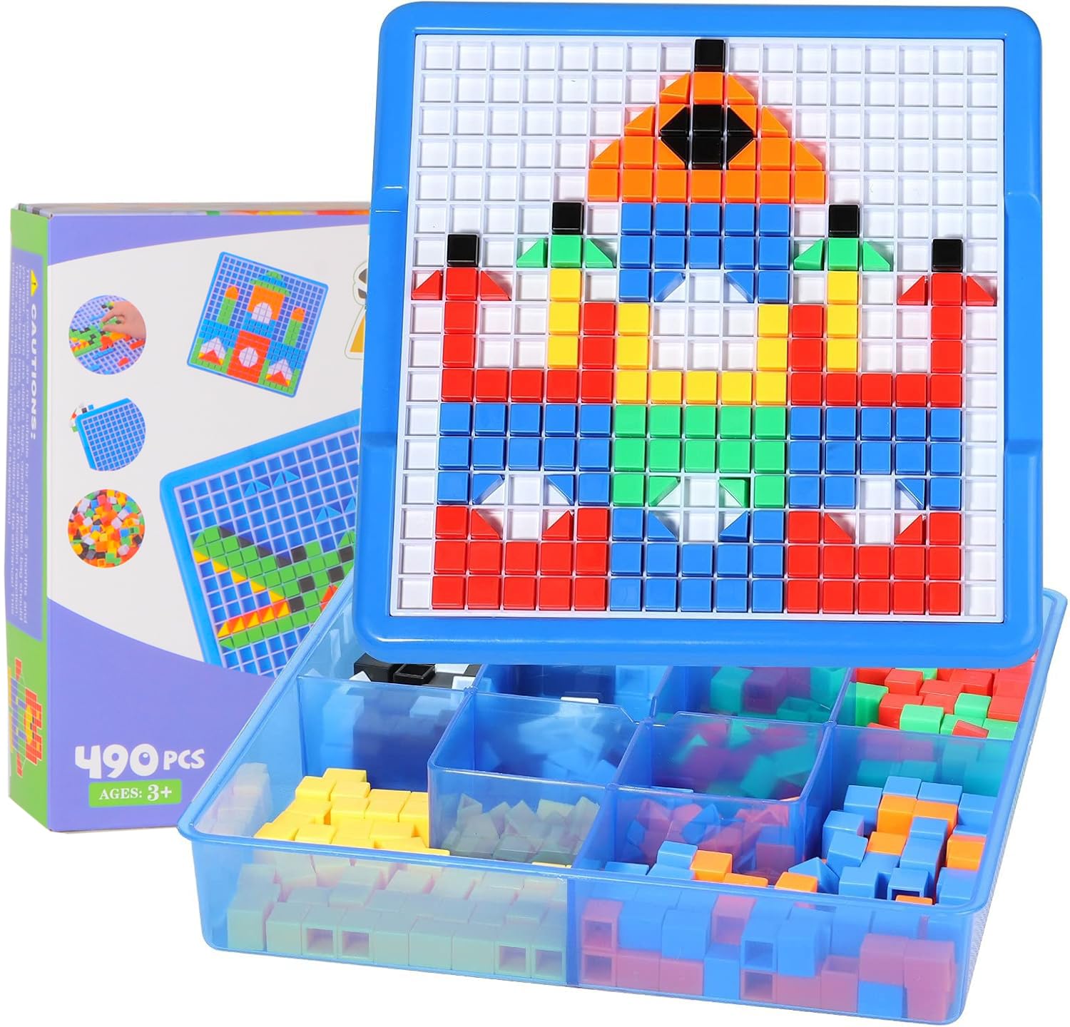 Kids Mosaic Puzzle,490Pcs Building Blocks,Educational Kit with 6 Assembly Drawing,STEM Toys for 3+ Year Old(Small Cube)