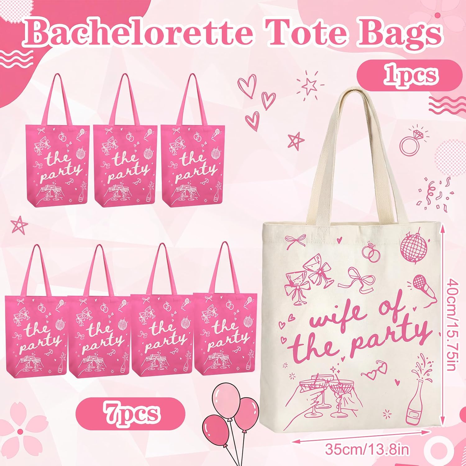 Shinylin 8 Pcs Wife of the Party Bachelorette Tote Bags Pink Coquette Disco Reusable Canvas Bags for Bachelorette Bride Bridesmaid Gift Bridal Shower Party Decorations Favors Wedding Favor Supplies
