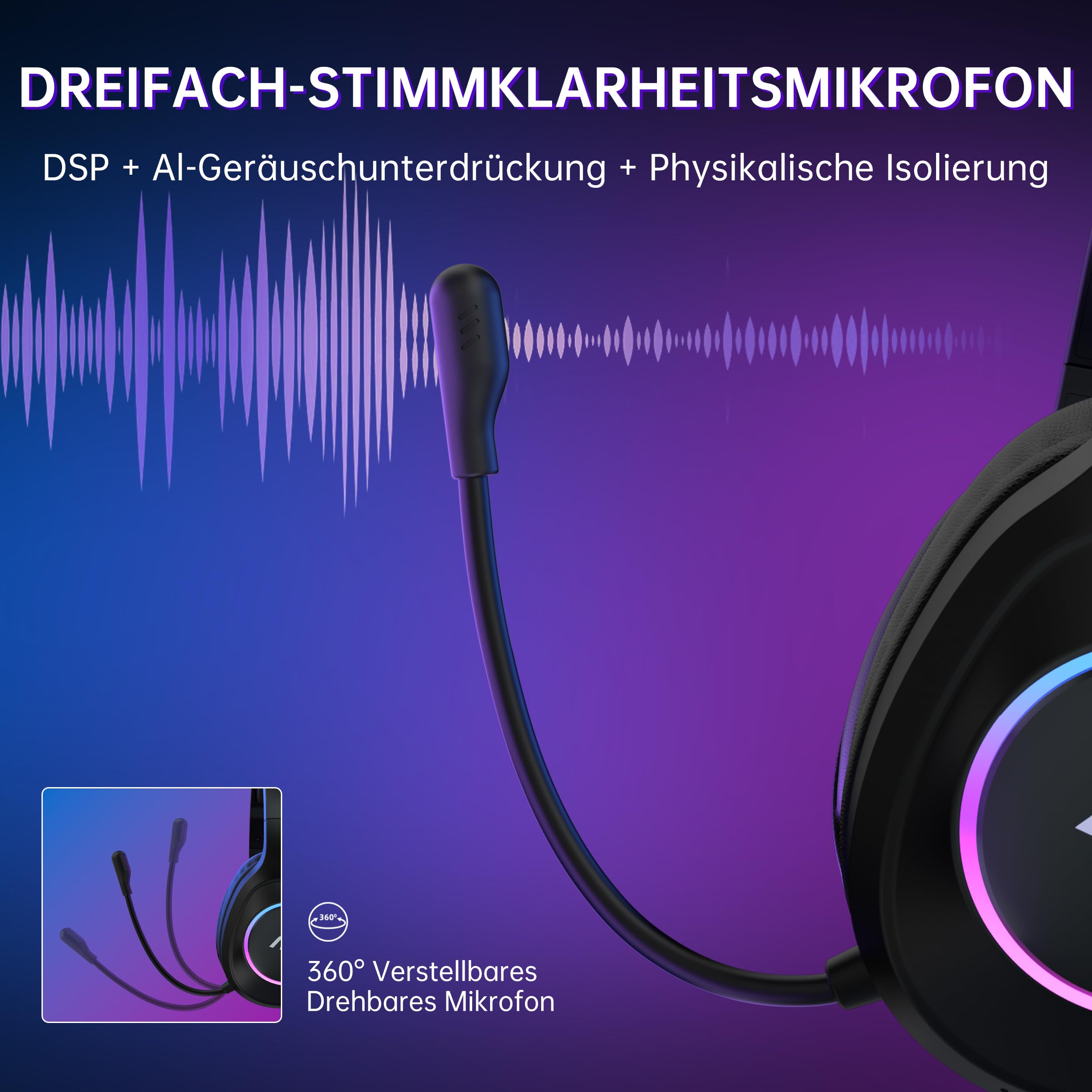 AOC Gaming Headset kabellos 2,4 GHz Wireless Bluetooth 5.4 7.1 Surround Sound Noise Cancelling Mikrofon 239 g 45 Std. Akku