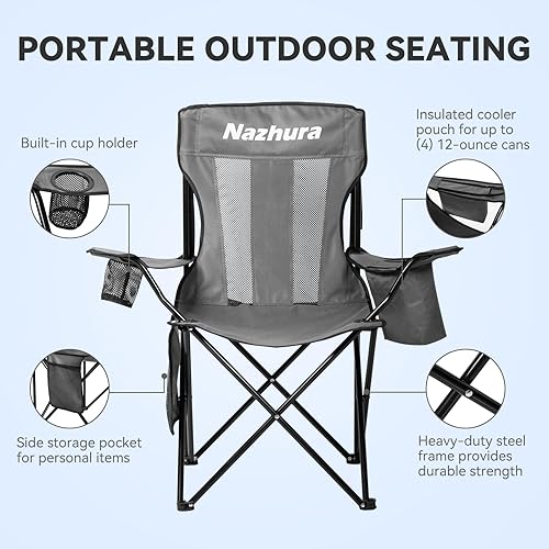Miniatura 4 de Nazhura Paquete de 4 sillas de camping al aire libre plegablesplegables portátiles con bolsa refrigeradora, respaldo de malla y bolsillo para