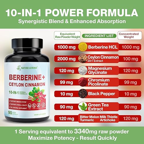 Miniatura 3 de Suplemento de berberina con canela de Ceilán y picolinato de cromo, 10 en 1 berberina 1000 mg por porción, berberina 5X para metabolismo, corazón e