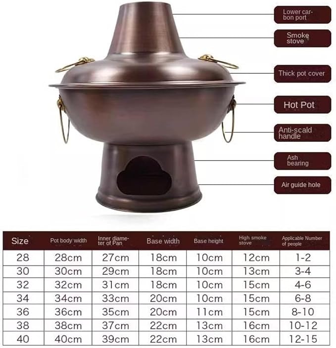 Olla Hot Pot Tradicional China de Cobre para Carbón, 30 cm miniatura 2