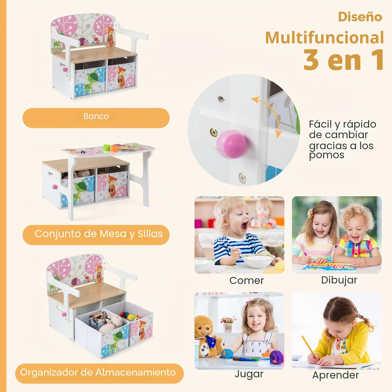 RELAX4LIFE 3 en 1 Baúl Juguetes Infantil de Madera, Juego de Mesa y Silla Infantil con Banco Convertible, Caja Almacenaje, Respaldo y Reposabrazos, Mesa y Sillas para Niños 3-7 Años (Rosa)