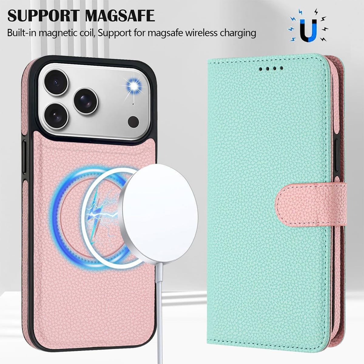Generic Étui compatible avec Samsung Galaxy S23 Ultra (couleur : menthe) Étui portefeuille en cuir grainé amovible à rabat magnétique