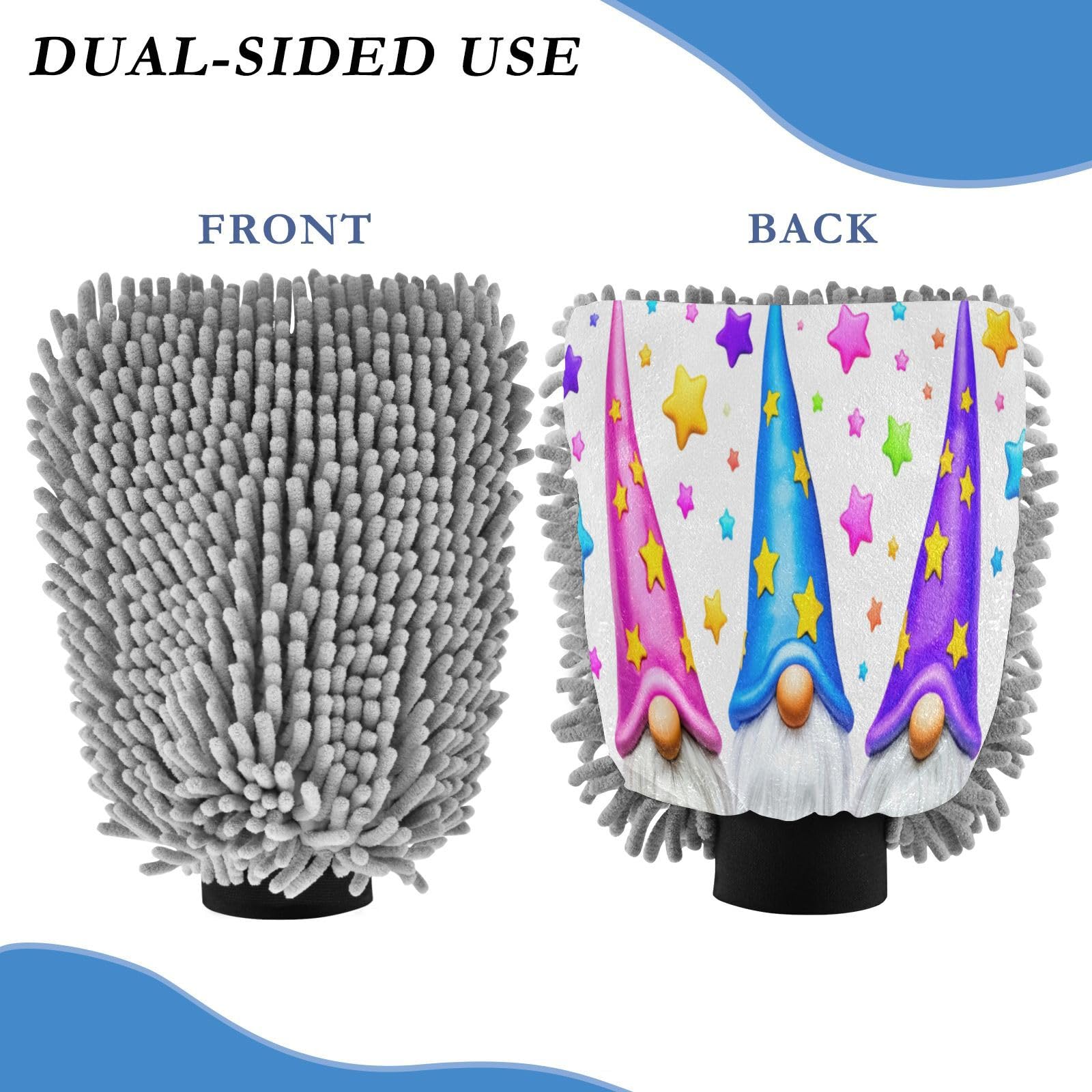 Kigai Three Cute Gnomes Car Wash Mitt Microfiber, 2Pcs Scratch Free Lint-Free, Premium Chenille Microfiber Mitt Car Wash Brush-M