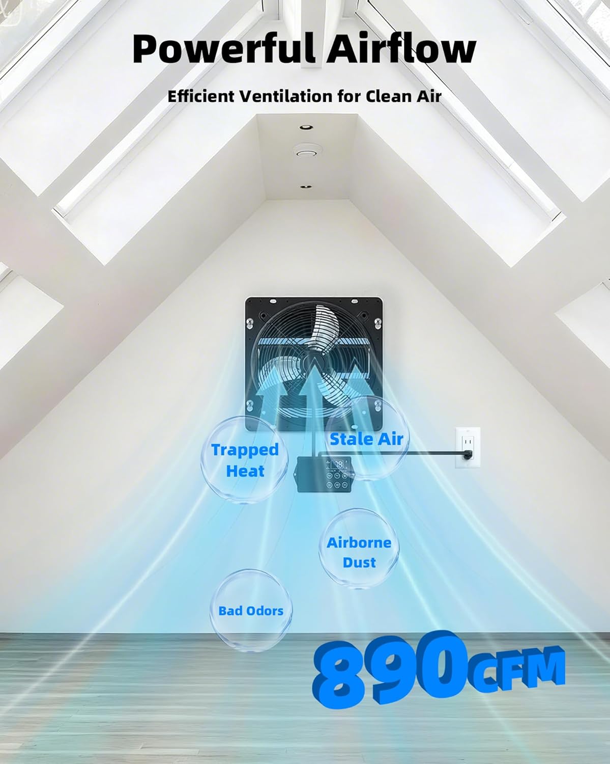 10 Inch Upgraded Shutter Exhaust Fan with Thermostat & Remote Control, Automatic On/Off by Temperature, 890 CFM Wall Mounted Garage Fan for Attic, Greenhouses, Sheds, Chicken Coops & Shops