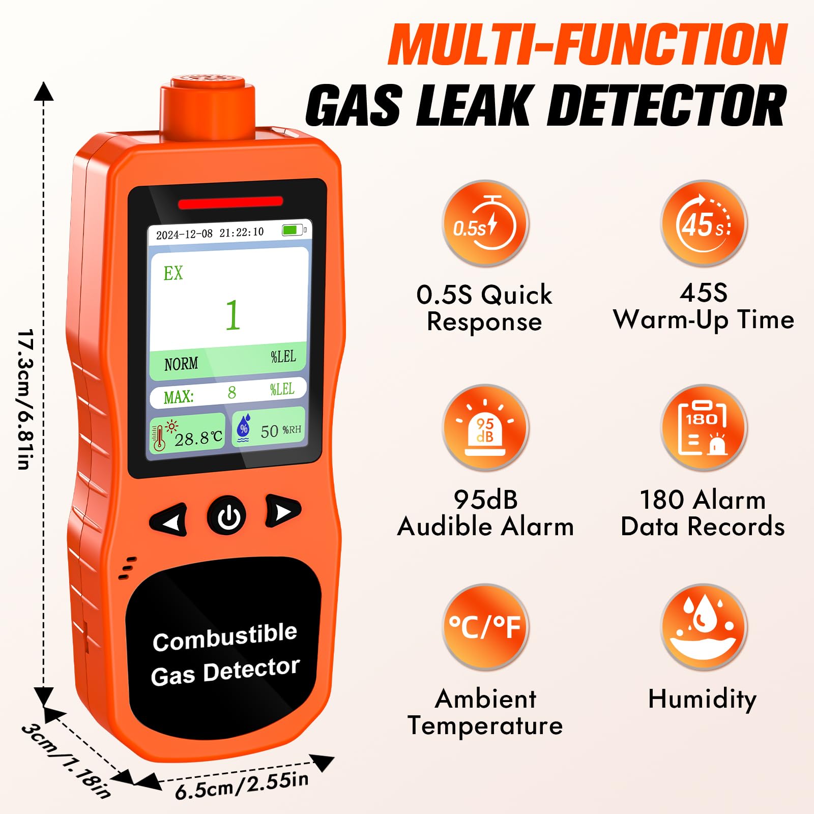 Erdgasdetektor für Zuhause & Industrie, Wiederaufladbarer Erdgaswarngerät Gasmelder 0-100% LEL-Monitor, Erkennt Methan, Propan, Butan, Ethan mit Akustischem/Licht-/Vibrationsalarm