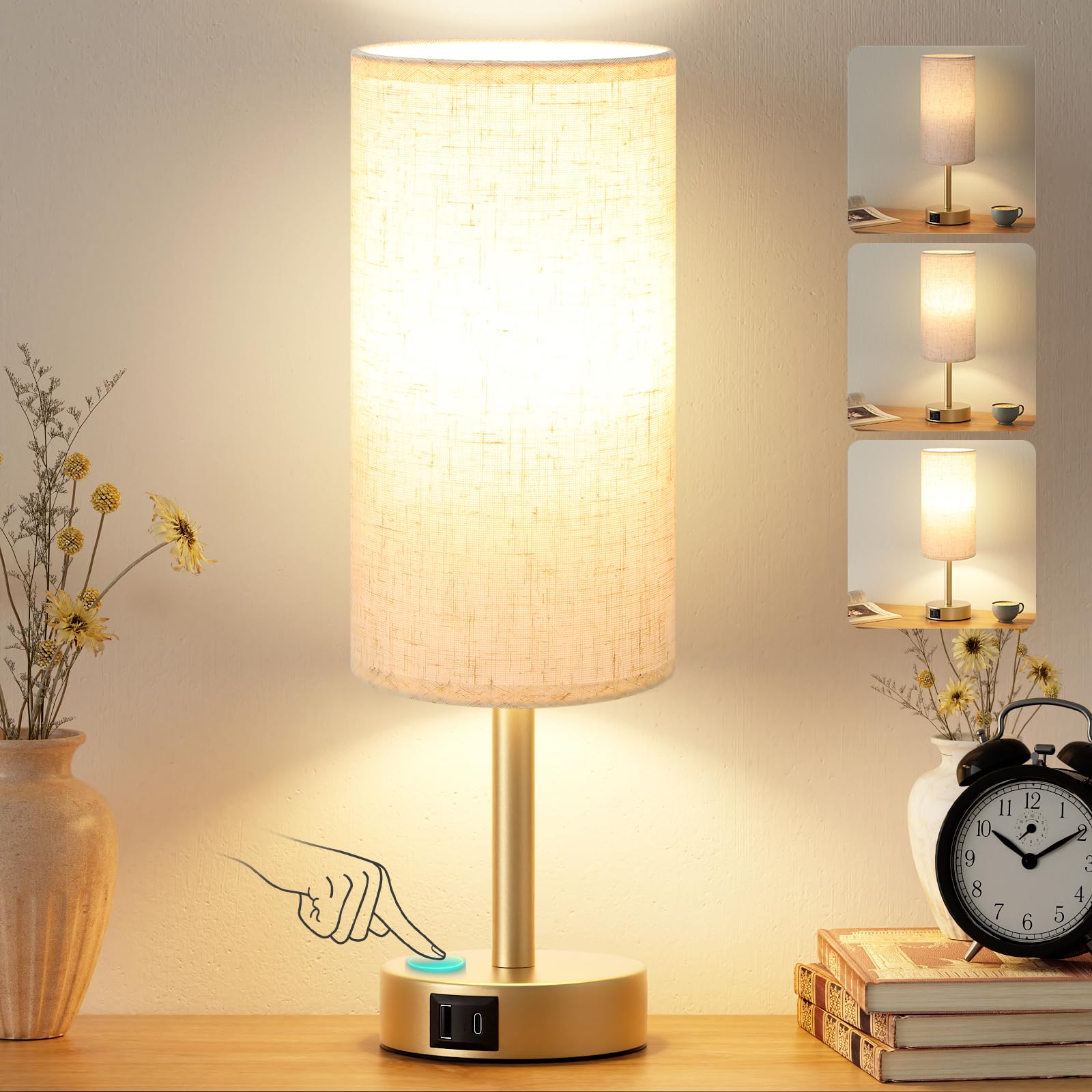 PreeOtti Gold Bedside Lamp, Touch Lamps with 2 USB Charging Ports, Off-White Shade(Bulb Included)