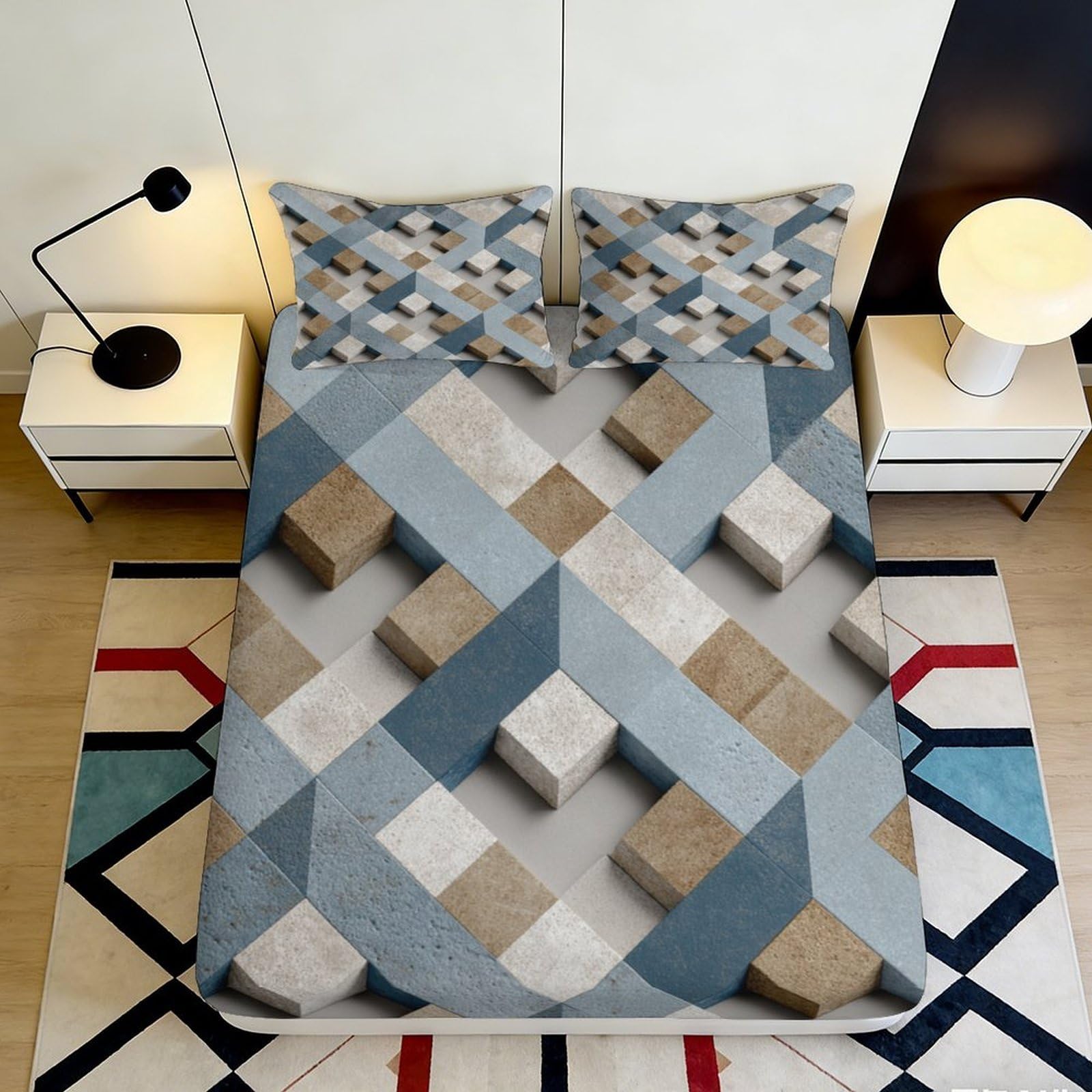 3D Printed Geometric Mosaic Fitted Sheet Microfiber Soft Breathable Abstract Blocks Bed Sheet for Bedroom Guestroom 90x200x25cm