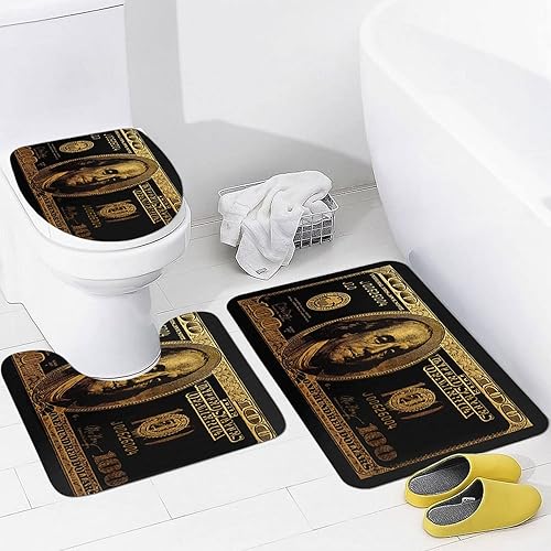 GUBIYU Juego de alfombras de baño de 100 dólares, color negro, dorado, juego de alfombras de baño, antideslizantes, en forma de U, para decoración