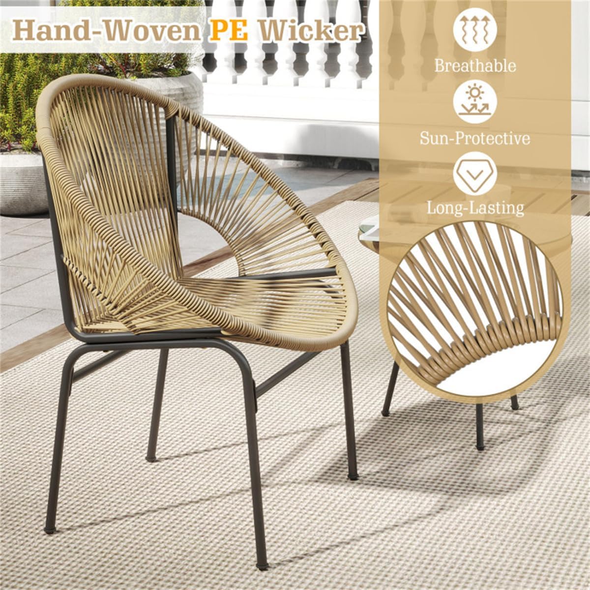 3-Piece Patio Set, 2 Acapulco Chairs + Tempered Glass Table, PE Rope Powder-Coated Steel Frame​