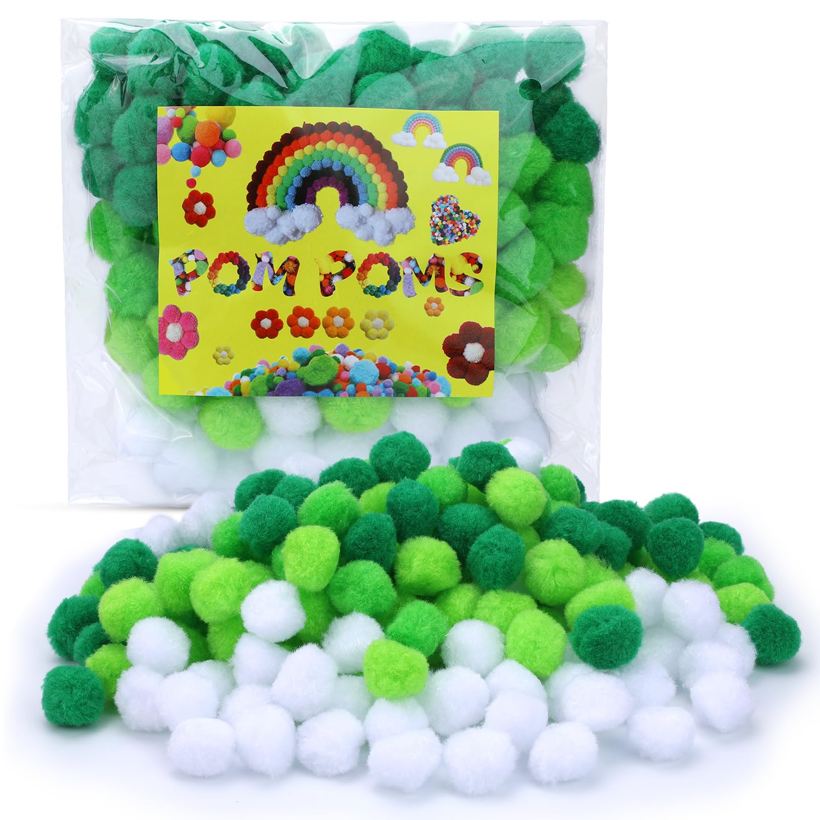 Wonvoc Pom Poms 160 Pcs, 1 Inch, 4 Colors Pom Poms for Crafts Bulk, for Home and Class Creative Activities, Home Decoration, DIY Arts and Crafts, Green, Light Green & White