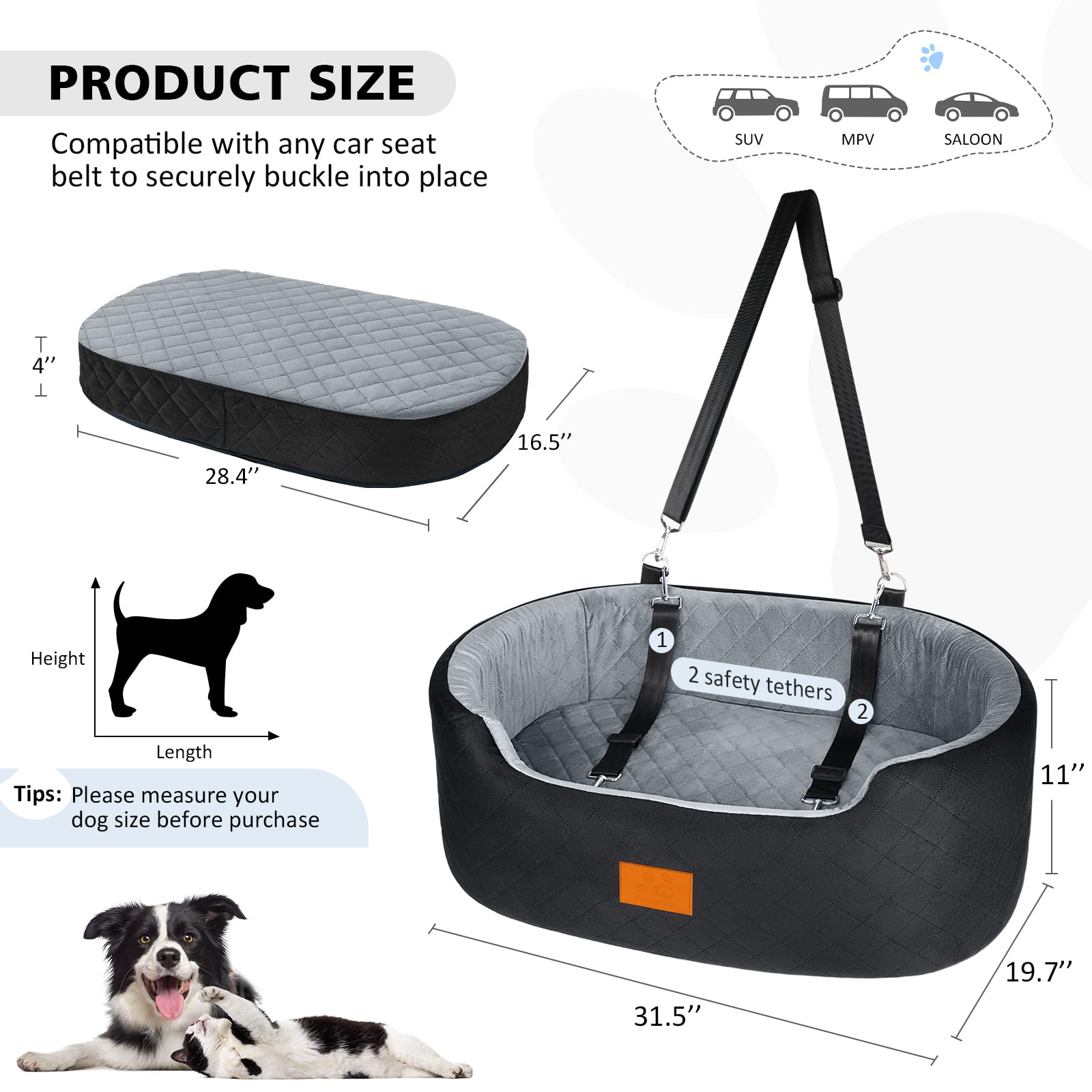 Hunde Autositz für große/mittlere Hunde (bis 25 kg) oder 2 kleine, Auto Hundesitz mit Sicherheitsleinen & waschbarem Kissen – für Rückbank