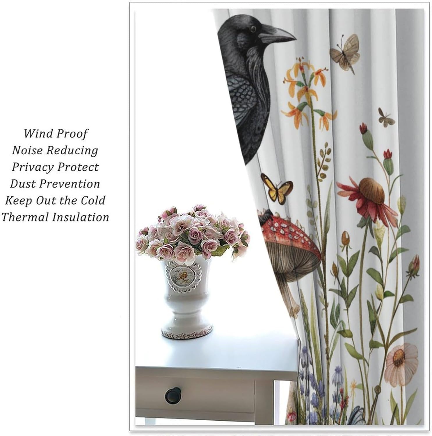Rustic Bird Crow Blackout Curtains for Bedroom Living Room, Rod Pocket Mushroom Daisy Butterfly Curtains Thermal Insulated Window Drapes 2 Panels, Each 42W x 63L
