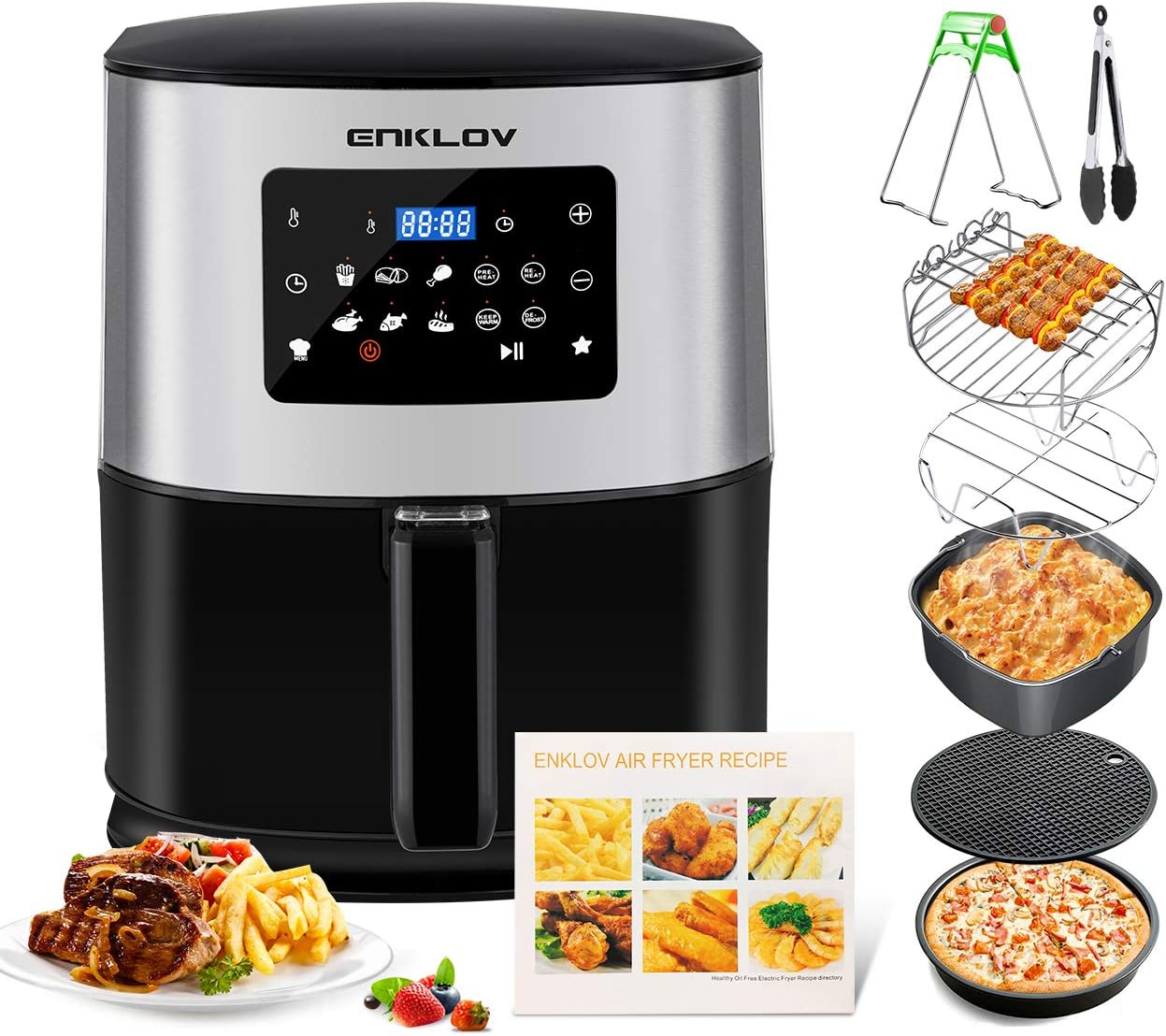 ENKLOV AFE08 AFE0 Air Fryer 7.5Qt XL (7 Cooking Accessories & Recipe Book Provided) 10 in 1 Digital Display Control, Oil Less Hot Airfryer Oven, Time-Saving Electric Power Cooker, Black