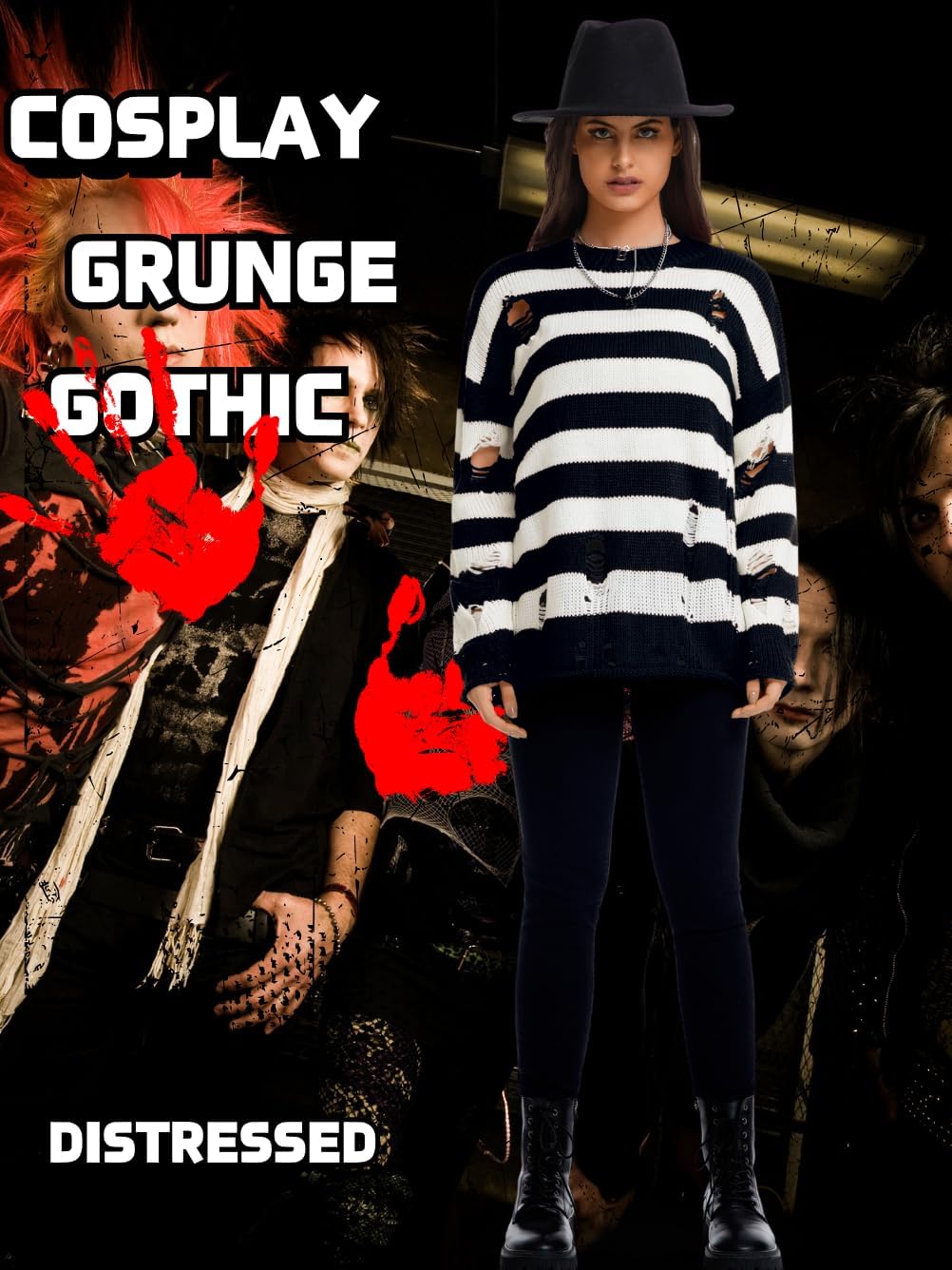 Women's Goth Ripped Sweaters, Oversized Long Sleeve Crewneck Striped Knit Pullover Sweater for Halloween
