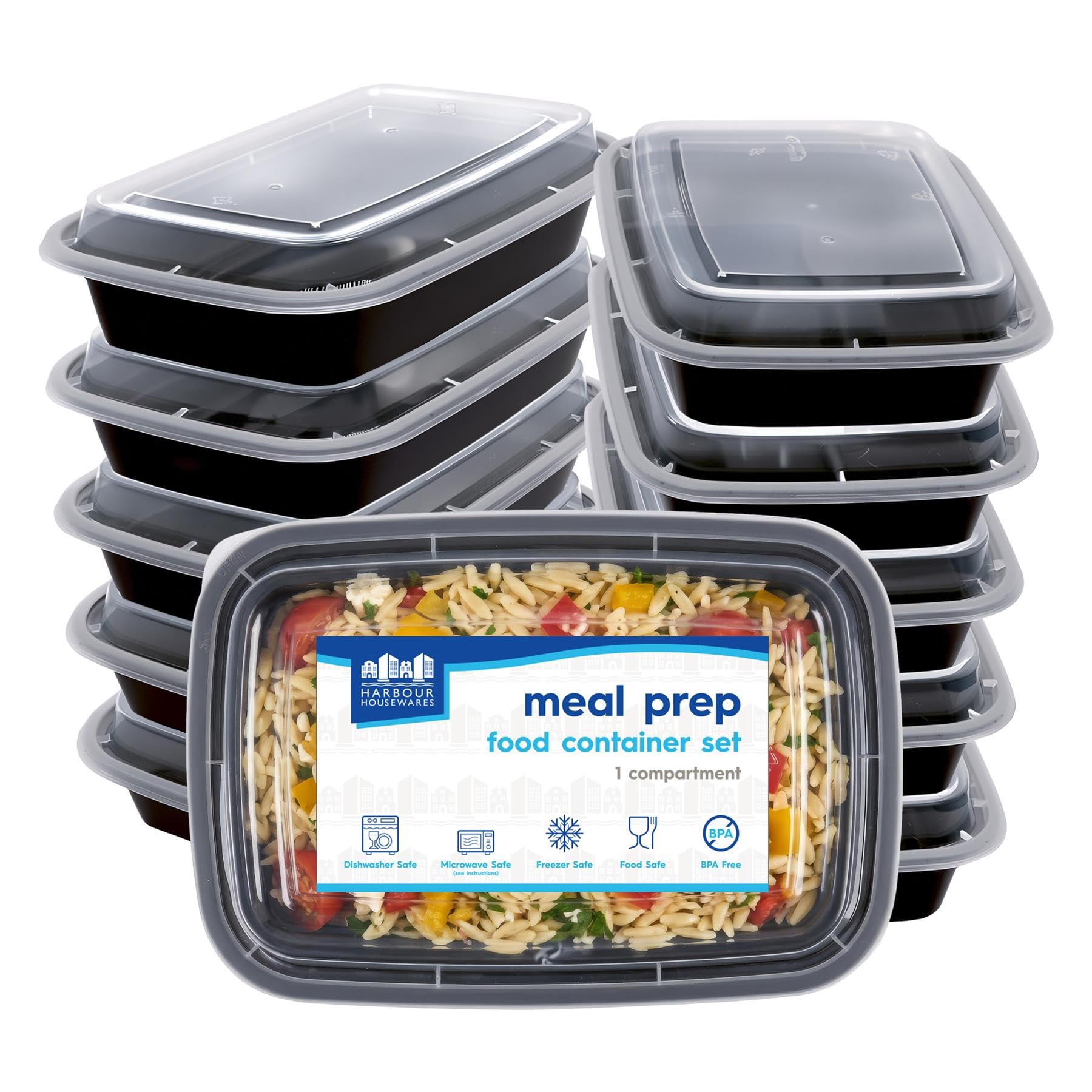 Harbour Housewares Black Reusable Meal Prep Containers With Lids - Pack Of 10, 1120Ml Bpa-Free Food Storage Boxes, Stackable Microwave, Freezer & Dishwasher Safe Lunch Boxes For Meal Preparation