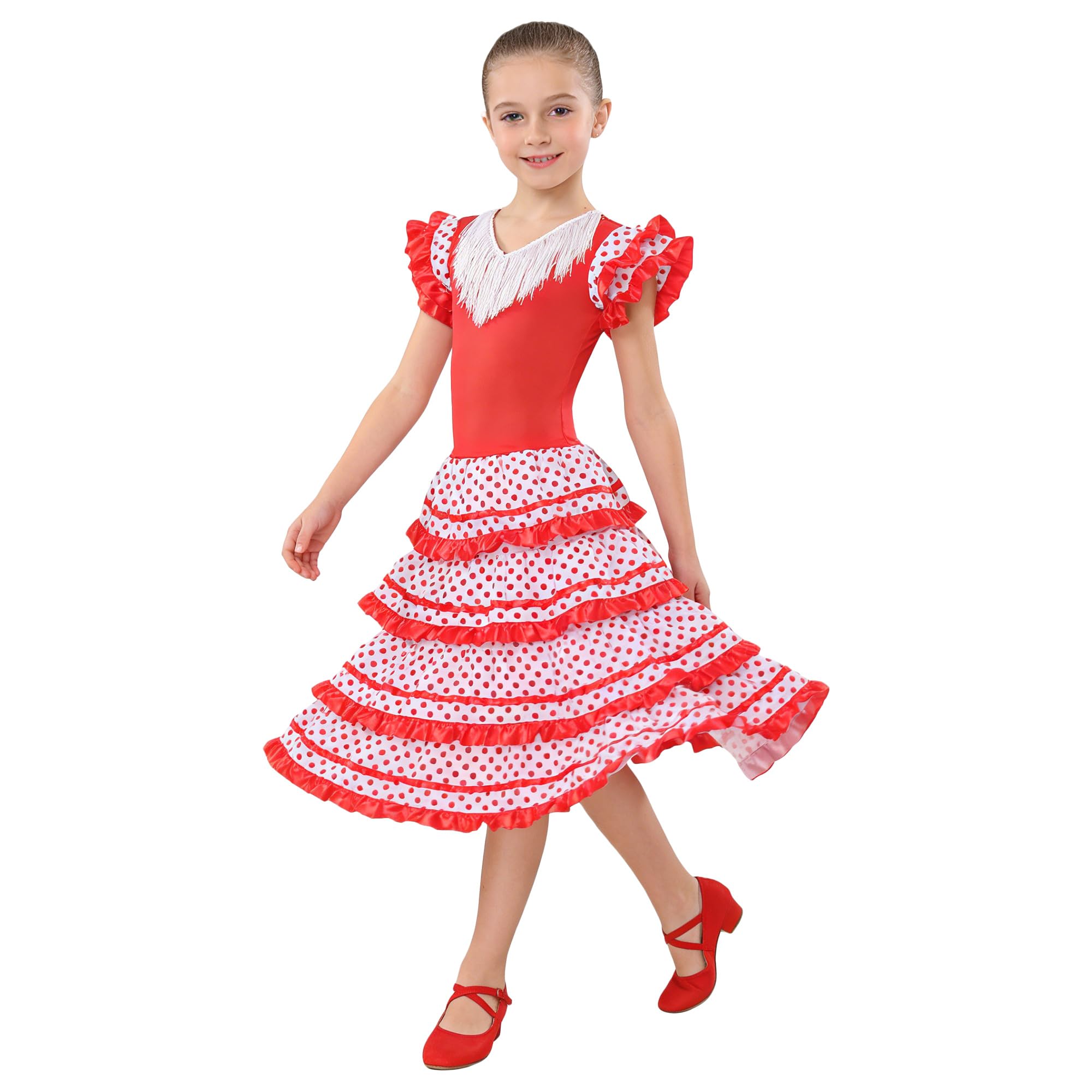 Wildarms Disfraz de Sevillana Niña - Vestido Flamenca Infantil con Volantes y Lunares - Traje Tradicional Andaluz para Feria, Carnaval y Baile — view 3